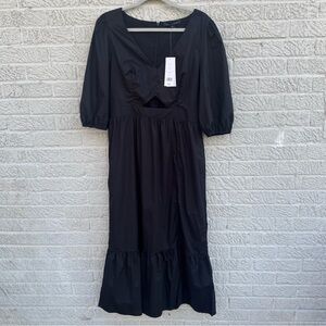 French Connection Rhodes Cotton Poplin Midi Dres Black XL NWT Cutout Puff Sleeve